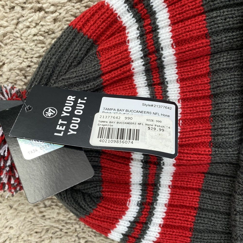 Tampa Bay Buccaneers '47 Beanie Charcoal Stack Striped Patch Pom Cuffed Knit Hat - Picture 2 of 4